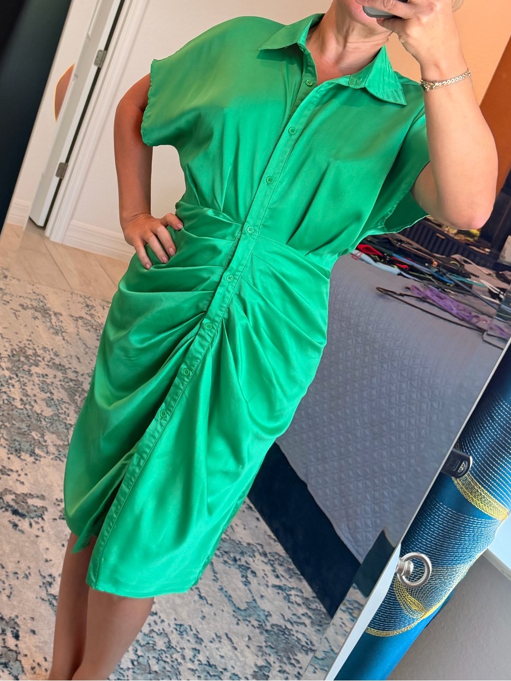 She+Sky Green Ruched Shirt Dress - Women's Casual Button-Front Dress
